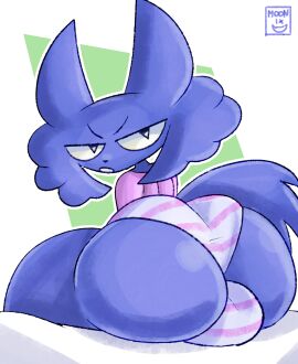 absurd_res anthro ass balls big_ass big_balls big_butt big_ear big_penis black_eyes blue_body blue_fur bored bottomless bottomwear clothed clothing feet femboy fluffy fluffy_hair fur genitals hair hi_res male mammal moonix_xero orion_(moonix) panties pattern_bottomwear pattern_clothing pattern_panties pattern_underwear penis presenting sitting solo striped_bottomwear striped_clothing striped_panties striped_underwear stripes sweater tail teapot_(body_type) thick_thighs toes topwear topwear_only underwear unknown_species white_sclera