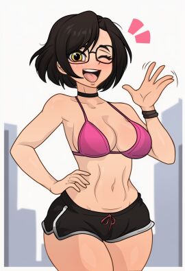 bra brunette brunette_hair choker female female_focus female_only glasses light-skinned_female light_skin oc portrait selfie selfie_pose shorts solo solo_female waving waving_at_viewer wide_hips winking winking_at_viewer yellow_eyes