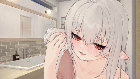animated bathroom blush bow bow_panties character_request close-up collarbone faucet female furrowed_brow grey_hair half-closed_eyes handjob handjob_over_clothes highres imouto_(niliu_chahui) indoors long_hair looking_at_viewer looping_animation male mirror naughty_face niliu_chahui nose_blush nude oerba_yun_fang open_mouth original panties panties_on_penis parted_lips penis pink_nails pointy_ears pov red_eyes sink skin_fang smile soap_bottle uncensored underwear unworn_panties upper_body veins veiny_penis