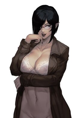 1girls black_hair black_nails blue_shirt bra cleavage curvy curvy_female curvy_figure fangs female glasses light-skinned_female light_skin moniker_smith's_bloodlines pale-skinned_female pale_skin panting red_eyes skinny slit_pupils solo solo_female solo_focus tight_pants tight_shirt transformation trenchcoat vampire vampire_girl white_background zelda_(moniker_smith's_bloodlines)