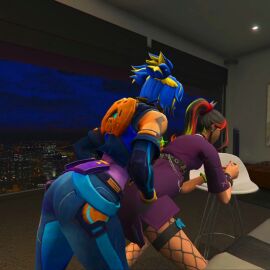 anal anal_sex blue_body blue_hair female fortnite fortnite:_battle_royale green_eyes green_hair helsie_(fortnite) lesbian_sex neon_(valorant) oral oral_sex sex valorant yuri