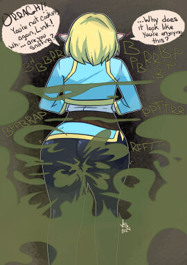 1girls ass ass_focus blonde_hair breath_of_the_wild dark_background elf enjoying_farts facing_away facing_away_from_viewer fart fart_fetish fart_sniffing female onomatopoeia princess princess_zelda text vinylsplash zelda_(breath_of_the_wild)