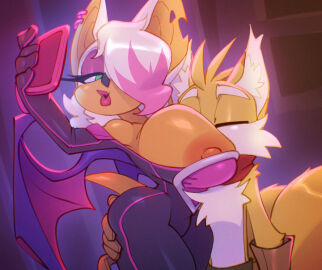 1boy 1girls 2d_(artwork) anthro bare_arms bare_breasts bare_shoulders bat bat_girl bat_wings big_ass big_breasts bigdad blue_eyes boobs breasts color female fox fox_boy fox_ears fox_tail furry furry_female furry_male furry_only hand_on_ass head_between_breasts head_on_breasts hi_res large_breasts light-skinned_female light_skin male male/female miles_prower miles_tails_prower nipple_slip nipples rouge_the_bat sega selfie short_hair smothering sonic_(series) sonic_the_hedgehog_(series) tagme tail tails tails_the_fox thick_thighs white_hair
