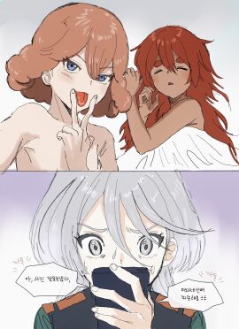 after_sex cheating cuckold cuckquean cunnilingus_gesture dark-skinned_female dark_skin female female_only gundam gundam_suisei_no_majo korean_text miorine_rembran netorare ntr sophie_pulone suletta_mercury texting tongue tongue_out yuri