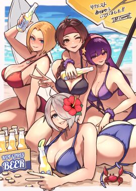 4girls angel_(kof) ap_cammy art_of_fighting ass athena_asamiya beach bikini blonde_hair blue_eyes blue_mary braid braided_ponytail breasts brown_hair cleavage crab earrings fatal_fury female flower hair_flower hair_ornament hair_over_one_eye hairband headband jewelry king_of_fighters large_breasts long_hair multiple_females multiple_girls navel necklace ocean one_eye_closed parasol purple_eyes purple_hair scrunchie smile snk surfboard swimsuit umbrella water white_hair wrist_scrunchie yuri_sakazaki
