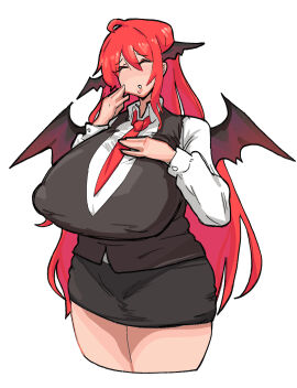 1girls ahoge bangs breasts closed_eyes collared_shirt demon devil_wings female hand_to_own_mouth huge_breasts koakuma large_breasts leebongchun long_hair nipples nipples_visible_through_clothing office_lady portrait red_hair red_tie secretary sidelocks succubus suit suit_vest tie touhou very_long_hair vest white_background wings wings_on_head