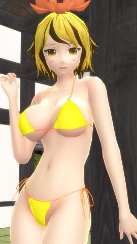 1girls 2023 3d against_wall belly_button bikini blush breasts clavicle cleavage female hand_on_wall hati_yukkuri_mmd headwear hips light-skinned_female light_skin looking_at_viewer midriff mmd one_arm_up open_mouth ribbon short-haired_female side_boob solo_female solo_focus swimsuit toramaru_shou touhou waist yellow_bikini yellow_eyes youkai