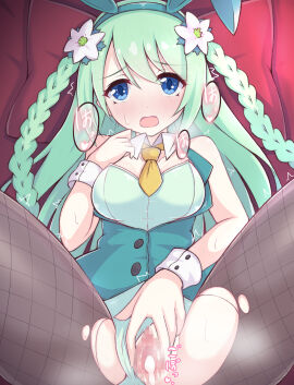 1girls after_sex after_vaginal bed blue_eyes braid breasts bunny_ears bunny_girl bunnysuit censored chika_(princess_connect!) crescent cum cum_in_pussy cum_inside female female_only fishnet_legwear fishnets flower from_above green_hair hair_flower heavy_breathing kuroha_koudai leotard leotard_aside long_hair looking_up medium_breasts mosaic_censoring on_back on_bed open_mouth pantyhose presenting presenting_pussy princess_connect! princess_connect!_re:dive pussy solo spread_legs spread_pussy thick_thighs thighs torn_clothes torn_clothing twin_braids very_long_hair