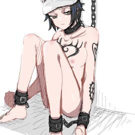 1girls ankle_cuffs arm_tattoo breast_tattoo breasts canon_genderswap completely_nude female female_only fur_hat genderswap genderswap_(mtf) hat k84612 medium_breasts nipples nude one_piece rule_63 short_hair shoulder_tattoo sitting slave tattoo trafalgar_law trafalgar_law_(female) yellow_eyes