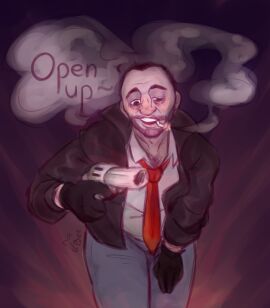 1boy clothed clothing english_text fetish gun gun_play holding_gun jarod_(road96) jeans male male_only no_genitals no_sex road_96 smoke solo solo_male tagme talking talking_to_viewer text