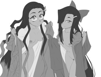 breasts demon_slayer female h-picaso japanese_clothes japanese_female kamado_nezuko kasugano_tsubaki kimetsu_no_yaiba kimono kimono_open mirai_nikki nude nude_female seductive seductive_eyes seductive_smile sketch