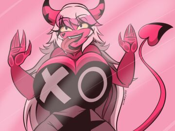 1girls 2022 against_glass against_surface against_wall alternate_breast_size artist_name bangs big_breasts black_lipstick breast_press breasts breasts_on_glass busty cleavage clothed clothed_female clothing curvaceous curvy demon demon_girl demon_horns demon_humanoid dress fangs female front_view gigantic_breasts hair hands_on_glass helluva_boss hi_res horn horned_humanoid horns huge_breasts humanoid large_breasts licking_glass lipstick long_hair long_tongue looking_at_viewer open_mouth pink_body pink_eyes pink_hair pink_skin signature smile smiling smiling_at_viewer solo teeth tongue tongue_out upper_body verosika_mayday_(helluva_boss) white_hair wide_hips yellow_sclera yinseiryu