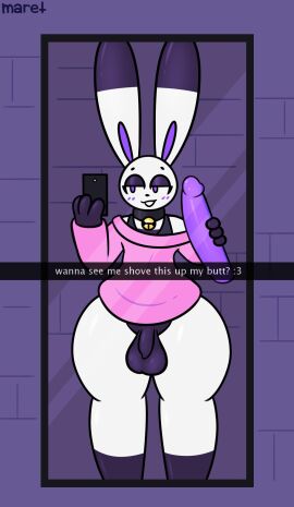 2023 anthro bell_collar bottom_heavy bunmy caption choker collar dildo evilfiendish femboy flaccid fur furry imminent_masturbation male mare_(evilfiendish) mirror mirror_selfie penis purple_eyes selfie smile thick_thighs whore_eyes