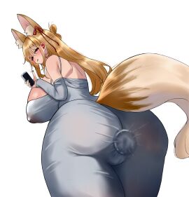 1girls animal_ears animal_tail ass big_ass big_breasts blonde_hair breasts clothed clothed_female clothing dongtan_dress dongtan_lady_(k_pring)_(cosplay) dress female female_focus female_only huge_ass huge_breasts kemonomimi long_hair long_pointy_ears looking_back mounero nipples nipples_visible_through_clothing original original_character pointy_ears simple_background smile smiling sole_female solo solo_female solo_focus tail tongue tongue_out white_background white_dress
