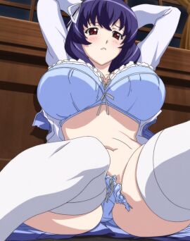 1girls big_breasts blue_hair breasts female female_only hoods_entertainment huge_breasts red_eyes screenshot seikon_no_qwaser solo solo_female stitched yamanobe_tomo