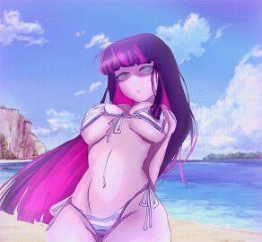 beach big_breasts bikini breasts detailed_background dyed_hair female female_only pink_hair pink_highlights purple_hair skinny slutty_waist thighs