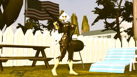 1girls 2024 3d 4th_of_july accipitrid accipitriform american_flag anthro athletic athletic_female avian big_breasts bird breasts clothing digital_media_(artwork) domizoni eagle eagle_(petruz) eyewear female fence furniture grill gun hi_res holidays one-piece_swimsuit picnic_table pinup pose ranged_weapon rifle sling_bikini solo source_filmmaker_(artwork) sunglasses sunglasses_on_face swimwear table united_states_of_america weapon wet wet_body