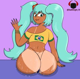 2d 2d_(artwork) ass big_ass big_breasts bikini_tan blue_eyes bracelet brazil brazilian brazilian_female brazilian_miku breasts bubble_ass bubble_butt crop_top deathknight_18 female female_focus female_only g-string hatsune_miku long_hair looking_at_viewer looking_back nail_polish rear_view sitting sweat t-shirt tagme tan tan_body tan_skin tanline thong turquoise_hair twintails underboob vocaloid waving waving_at_viewer wide_hips