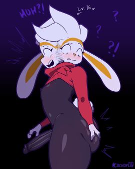 absurd_res anthro ass big_ass big_butt big_penis blush cinderace cindy_(cuchuflin) cuchuflin dialogue english_text femboy fur generation_8_pokemon genitals hi_res humanoid_genitalia humanoid_penis interrobang male nintendo penis pokemon pokemon_(species) question_mark raboot solo text white_body white_fur