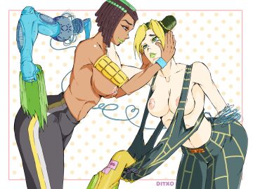 2d 2d_(artwork) 2girls areolae black_hair boobs breasts crop_top dark-skinned_female dark_skin ditxo_arts ermes_costello eye_contact female female_only human jojo's_bizarre_adventure jolyne_kujo light-skinned_female light_skin long_hair multiple_females multiple_girls nipples pants pink_nipples ripped_clothes ripped_clothing shounen_jump stone_free stone_ocean topless topless_female torn_clothes yuri