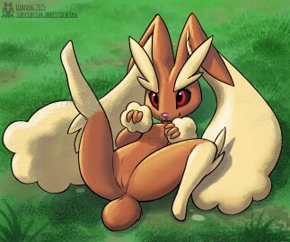2025 anthro anus black_sclera brown_body brown_ears brown_fingers brown_fur brown_tail female fur generation_4_pokemon hi_res lichfang lopunny lying nintendo nude on_back pokemon pokemon_(species) presenting pupils red_eyes solo spread_legs spreading tail text url yellow_body yellow_ears yellow_fur yellow_legs