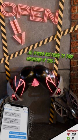 big_ass black_body female glowing_genitalia glowing_markings inviting phone_screen robot robot_girl shiny_skin smug stuck_in_wall thick_thighs