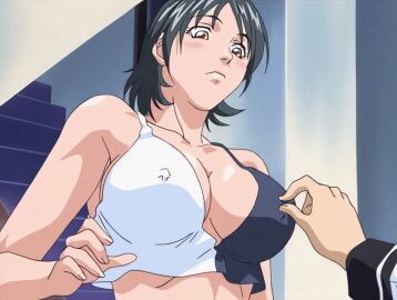 00s 1boy 1girls 2001 angry animated bible_black bible_black_night_of_the_walpulgiss black_hair blush breasts breasts_squeezed_together brother_and_sister brown_eyes cleavage clenched_teeth closed_eyes collarbone covered_erect_nipples crop_top embarrassed female flustered grabbing_another's_breast groping large_breasts midriff minase_taki minase_yukiko navel nipple_stimulation nipple_tweak no_bra older_sister_and_younger_brother shirt short_hair siblings stairs straight tagme teeth two-tone_shirt upper_teeth_only white_shirt