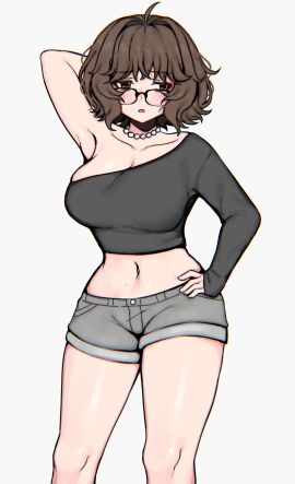 1girls 2d aki_(04119_snail) armpits bead_necklace belly_button blush breasts brown_eyes brown_hair cleavage crop_top female femcel large_breasts medium_hair navel open_mouth posing short_shorts showing_off snale_(04119_snail) solo solo_focus standing