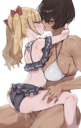 1futa 1girls aroused big_breasts bikini black_bikini blonde_hair blush breasts brown_hair censored clothed_sex clothing_aside cowgirl_position dark-skinned_futa dark_skin female female_human french_kiss frilled_bikini frills futa_on_female futa_with_female futanari grabbing_another's_ass groping hand_on_another's_thigh happy_sex height_difference highres hug human humping implied_vaginal intersex kei_(m_k) kissing kissing_while_penetrated large_breasts light-skinned_female light_skin long_hair looking_pleasured m_k multiple_females multiple_girls original panties panties_aside penis petite pussy rika_(m_k) sex short_hair simple_background sitting sitting_on_lap sitting_on_person size_difference straddling sweat swimsuit tall_female tan tomboy underwear upright_straddle vaginal_penetration variant_set white_bikini