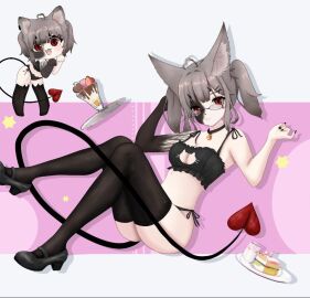pvp_vwv_owo alice_luft bell black_panties cat_suit chibi choker choker_bell clothing cute cute_demon demon demon_fox demon_girl demon_horns demon_tail feline female fox_ears fox_girl grey grey-haired_female grey_fox grey_hair horny horny_female kumiho lingerie lingerie_cat_suit lingerie_only little lustful neko neko_girl small smoll thighs waist