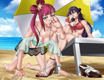 2girls all_fours bambietta_basterbine barefoot beach bikini bleach bleach_brave_souls dokugamine_riruka drinking feet foot_fetish foot_focus foot_lick foot_worship jonathanbn lezdom licking licking_foot licking_toes public red_toenails saliva saliva_trail sandals sandals_removed shoes shoes_removed sitting slave slavegirl soles tagme toenail_polish toenails toes tongue tongue_out yuri