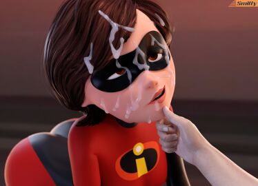 3d ass big_ass big_breasts big_butt breasts cum cum_on_face elastigirl female helen_parr kneeling mature_female milf mother narrowed_eyes on_knees skin_tight smitty34 superheroine the_incredibles wide_hips