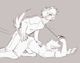 alternate_species animal_humanoid blush bodily_fluids canid canid_humanoid canine canine_humanoid claws clothed clothing collar dog_humanoid drooling dry_humping duo electronics freckles fully_clothed furrification gay gay_male hi_res human humanoid izuku_midoriya katsuki_bakugou leash leash_pull leashed_collar male male/male mammal mammal_humanoid my_hero_academia petplay phone pretty_werewolf roleplay saliva shirt t-shirt tail topwear yaoi
