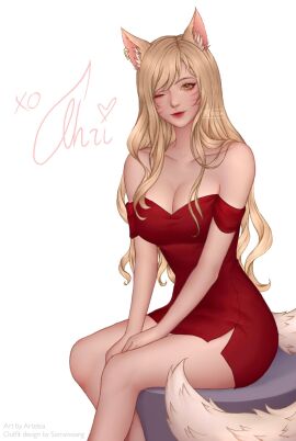 1girls ahri animal_ear_fluff animal_ears artelsia artist_name artist_signature bare_legs bare_shoulders blonde_hair breasts character_name cleavage clothing collarbone dress earring english_text facial_markings feet_out_of_frame female female_only fully_clothed k/da_ahri kumiho large_breasts league_of_legends minidress off-shoulder_dress off_shoulder one_eye_closed red_dress riot_games side_slit simple_background sitting tail text thigh_slit whisker_markings white_background wink yellow_eyes