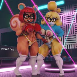 2girls 3d abs animal_crossing anthro bikini bikini_bottom blue_shirt breasts breasts_popping_out brown_fur canid canine clothing dance_floor domestic_dog duo female furry furry_female furry_only glasses hazel_(animal_crossing) indoors isabelle_(animal_crossing) leg_muscles long_socks looking_at_viewer mammal muscles muscular muscular_anthro muscular_female nintendo nipple_piercing nipples open_mouth piercing red_hair red_shirt rodent shirt short_hair squirrel tail tree_squirrel v_sign vaultlad white_socks