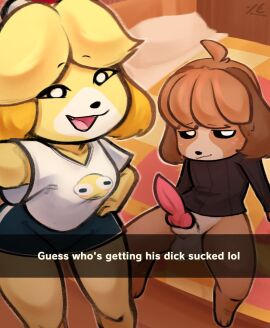 animal_crossing animal_genitalia animal_penis anthro blonde_hair bottomless bottomwear brother brother_and_sister brown_body brown_fur brown_hair canid canine canine_genitalia canine_penis canis caption clothed clothing digby_(animal_crossing) domestic_dog duo erection female freckles fur genitals hair hand_on_hip imminent_oral incest isabelle_(animal_crossing) looking_at_viewer male male/female mammal nintendo open_mouth penis shih_tzu shirt shorts sibling sister sitting smile snapchat tofuuu topwear toy_dog yellow_body yellow_fur