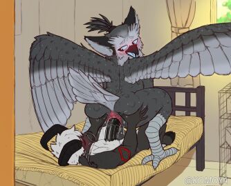 anthro anus ass avian azrael_(owllad934) bed bedroom big_penis bird black_body black_fur black_sclera blue_sclera blue_tongue bovid caprine caprine_demon demon duo eyewear feathers feet fur furniture genitals glasses goat_demon grey_body grey_feathers hi_res hooves humanoid hybrid k0moya komoya_(k0moya) looking_back male male/male mammal markings messy open_mouth owl penis pink_anus pupils red_markings red_pupils round_glasses spread_ass spread_butt spread_wings spreading talons toes tongue white_body white_fur wings