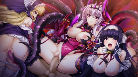 1boy 3girls abystia_dragoon anus ass black_hair blonde_hair blush breasts breasts_out censored clothing_aside collar corruption doggy_style female game_cg gloves grabbing_own_breast grin group_sex hairband harem horns inoino kouyoku_senki_exs-tia large_breasts large_variant_set leash leotard long_hair looking_at_viewer male mosaic_censoring multiple_females multiple_girls nipples non-web_source official_art open_mouth panties penis pointy_ears pubic_tattoo purple_eyes purple_hair pussy red_eyes reverse_cowgirl_position ribbon rieszverne_suzette_paladill sex sex_from_behind smile straddling straight tail tattoo tentacle thighhighs underwear vaginal_penetration variant_set white_hair white_panties white_thighhighs
