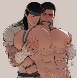 2d 2d_(artwork) 2d_artwork arms_behind_back bara bi-han black_hair blushing_profusely bound gay gay_domination glowing_eyes liu_kang male male/male male_focus male_only mortal_kombat mortal_kombat_1_(2023) mouth_gag muscular muscular_chest muscular_male netherrealm_studios ng_hamburger pinching_nipples pyromancy sub-zero yaoi