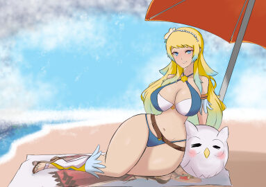 1girls alternate_costume alternate_hairstyle ball_(object) bangs bare_legs bare_midriff beach beach_ball bikini blonde_hair blue_eyes breasts cleavage dakimakura_(object) feh_(fire_emblem_heroes) female female_only fire_emblem fire_emblem_heroes fjorm_(fire_emblem) flower grin hair_flower hourglass_figure in2naps laegjarn_(fire_emblem) large_breasts legs long_hair looking_at_viewer midriff multicolored_hair nintendo ocean official_alternate_costume official_alternate_hairstyle outdoors sandals smile solo swimsuit thin_waist towel very_long_hair wide_hips yellow_hair