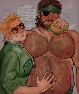big_boss blonde_hair brown_hair burger dialogue drooling eating eating_food eye_patch eyepatch fat feederism feeding gay hairy hairy_chest hairy_male headband kazuhira_miller male male_focus metal_gear metal_gear_solid naked_snake niakku overweight rubbing_stomach sunglasses thought_bubble