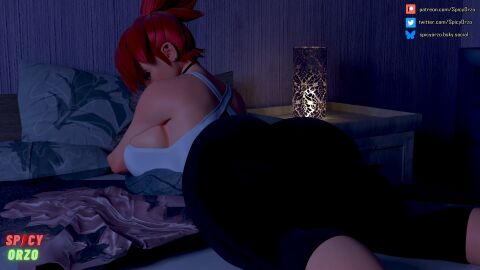 1girls 3d ass_focus big_ass big_breasts breast_rest clothed clothing female female_focus female_only foster's_home_for_imaginary_friends frankie_foster huge_breasts large_breasts light-skinned_female light_skin looking_at_viewer looking_back lying lying_on_bed lying_on_stomach misterorzo on_bed red_hair scrag_frankie sideboob spicyorzo thick_thighs