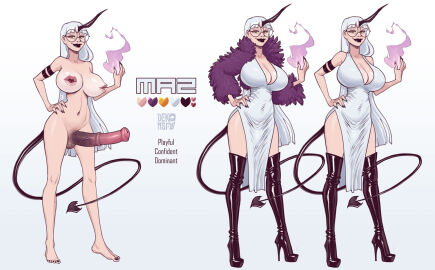 1_horn 2024 animal_genitalia animal_penis anthro artist_logo balls belly big_breasts big_penis biped breasts clothed clothing dekotf demon demon_humanoid dress equine_genitalia equine_penis erection feet flared_penis footwear futanari genitals hair heart_symbol high_heels horn horned_humanoid humanoid intersex logo long_boots long_hair looking_at_viewer magic maz_deko medial_ring model_sheet navel nipple_mouth nude penis signature simple_background skimpy solo spade_tail standing tail tattoo white_background white_hair