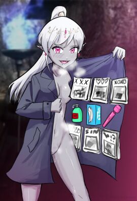 auxiliagenome breasts busujimabibi coat coat_only drow elf elf_ears elf_female elf_girl fangs female flashing flashing_breasts flashing_pussy grey_body indie_virtual_youtuber jewelry lube_bottle partially_clothed porn_magazine pornography pussy selling small_breasts smuggler tissue_box vibrator virtual_youtuber vtuber vtuberfanart white_hair