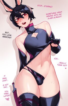 black_hair blush bulge bunny_boy bunny_ears crossdressing femboy highleg male qt0ri solo_male stockings text thong yonu_(qtori)