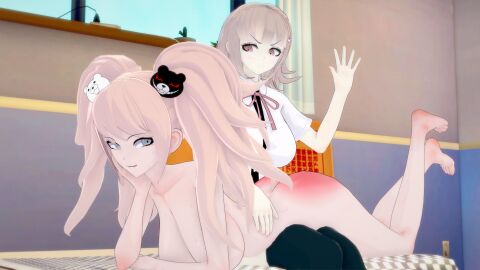 3d ass breasts clothed_female_nude_female completely_nude danganronpa danganronpa:_trigger_happy_havoc danganronpa_2:_goodbye_despair female femdom junko_enoshima koikatsu large_breasts nanami_chiaki nude nude_female red_ass spanking spanking_ass super_danganronpa_2 thick_ass ultimateenf yuri
