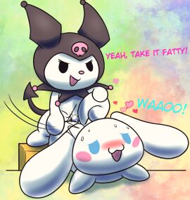 anal anal_sex blush bodily_fluids butt_slap canid canine canis cinnamon_(cinnamoroll) cinnamoroll cinnamoroll_(series) dialogue domestic_dog duo english_text femboy from_behind_position fur genitals heart_symbol kuromi lagomorph leporid male male/male mammal mincheeto onegai_my_melody penetration penis rabbit rule_63 sanrio sex slap spanking sweat text voice_actor_connection white_body white_fur