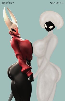 2d 2d_(artwork) 2girls 3d 3d_(artwork) ass big_ass big_breasts black_body breasts female female_only hollow_knight hollow_knight:_silksong hornet_(hollow_knight) hornik_69 lace_(hollow_knight) mask phynitron red_hoodie silksong source_filmmaker_(artwork) white_body