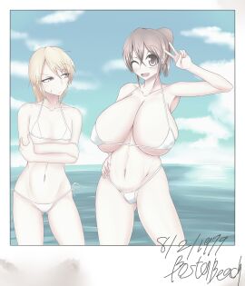 1979 2girls absurdres aen030 armpits bikini blonde_hair breast_envy breasts brown_eyes brown_hair cleavage cloud contrapposto cowboy_shot dated facing_viewer female flat_chest hair_between_eyes hakurei_reimu hand_on_own_hip high_ponytail highres huge_breasts kirisame_marisa kureha_reimu linea_alba looking_at_viewer marisa_carnby marisa_kirisame micro_bikini multiple_females multiple_girls navel ocean one_eye_closed photo_(object) pubic_hair pubic_hair_peek reimu_hakurei short_hair skindentation sky smile standing sweatdrop swimsuit touhou underboob v white_bikini wink yukkuri_to_rooru_suru_trpg