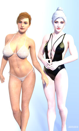 2girls 3d bikini black_cat black_cat_(insomniac) black_cat_(marvel) black_one-piece_swimsuit felicia_hardy female marvel marvel_comics mary_jane_watson mary_jane_watson_(insomniac) multiple_females multiple_girls one-piece_swimsuit spider-man_(insomniac_series) spider-man_(series) stjude90 swimsuit white_bikini white_hair